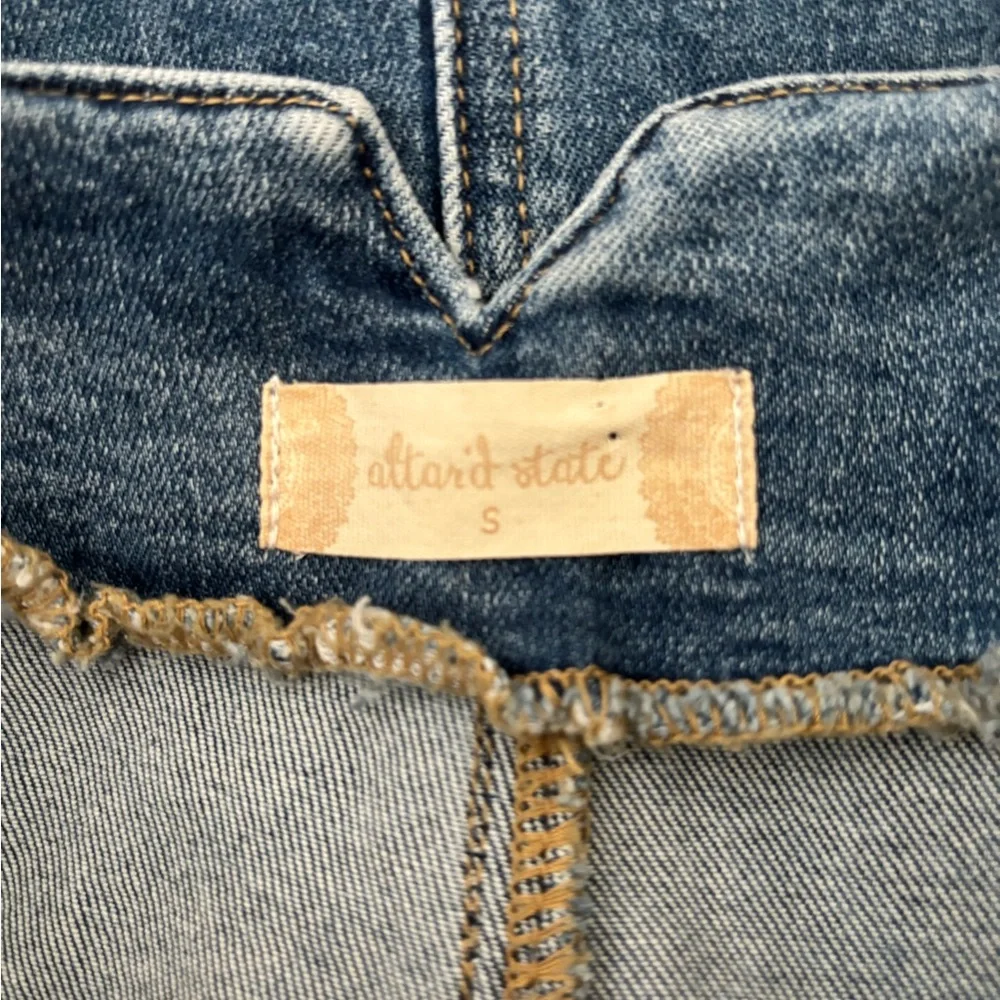 Altar’d State Cotton Blend Front Button Up Jean Shirt with Distressed Bottom